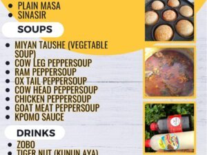 Masa, miyan taushe (vegetable soup), kpomo sauce and others