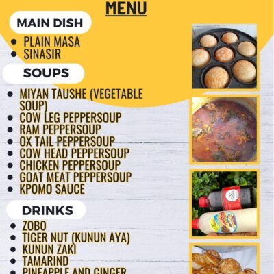 Masa, Miyan taushe (vegetable soup), Kpomo sauce and others