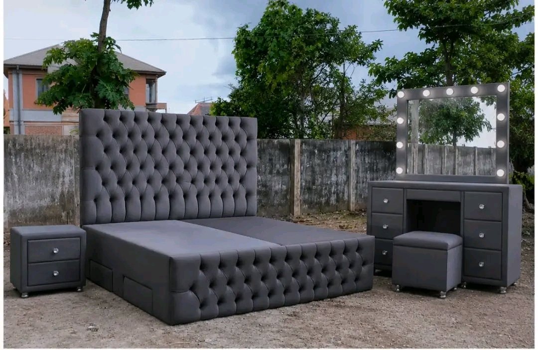 Luxury deep-tufted grey bedroom set (bed frame, dresser & nightstand)