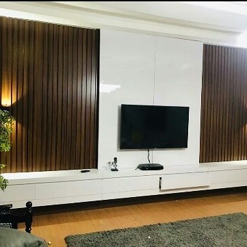 Luxury wall-mounted tv console & media background panel with slatted wood elements