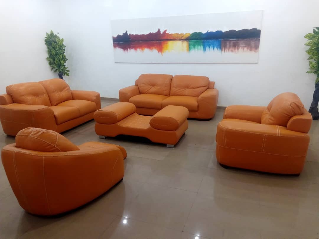 Bold tangerine orange genuine leather complete living room sofa suite