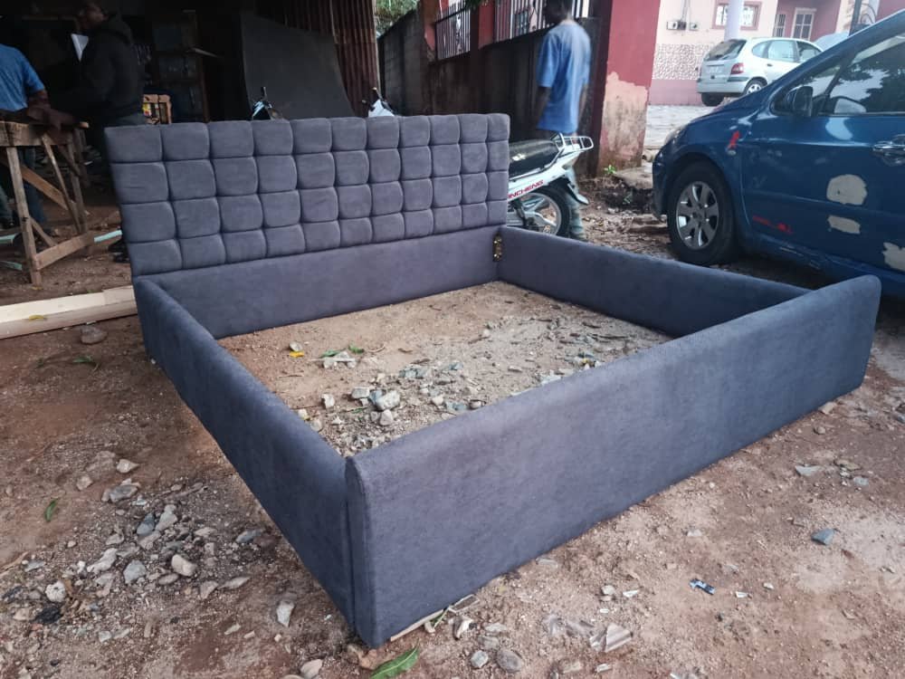 Urban grid-pattern grey velvet bed frame