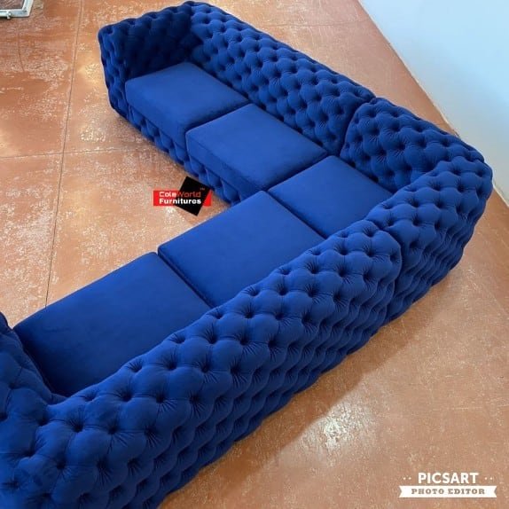Royal blue tufted velvet luxury l-shaped corner sectional sofa