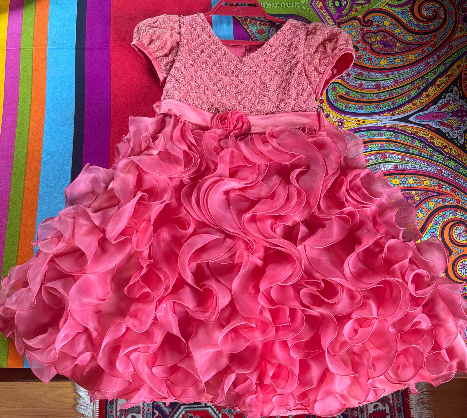 Boutique Pink Ball Gown – Heavy Beaded Bodice and Multi-Layer Ruffle Skirt- Size XS-S,12