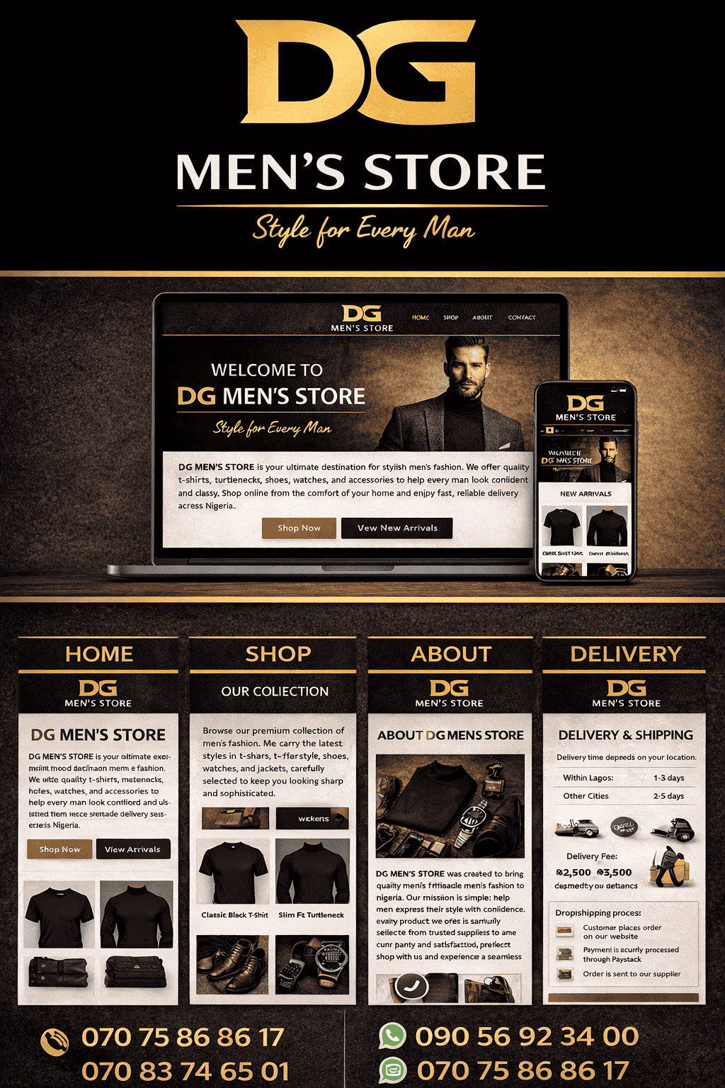 Men’s fashion supplies Tshirts, Turtleneck shoes and watches